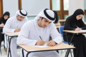 Young Emirati student taking the SAT exam in a university classroom