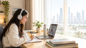 High school student taking a live online class at an accredited American online school in the UAE